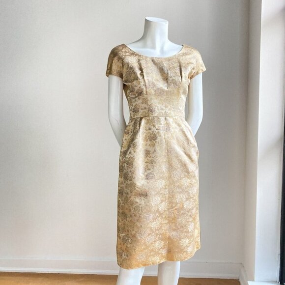 Vintage 50s 60s Gold Brocade Floral Short Sleeve Dress S - Picture 4 of 8